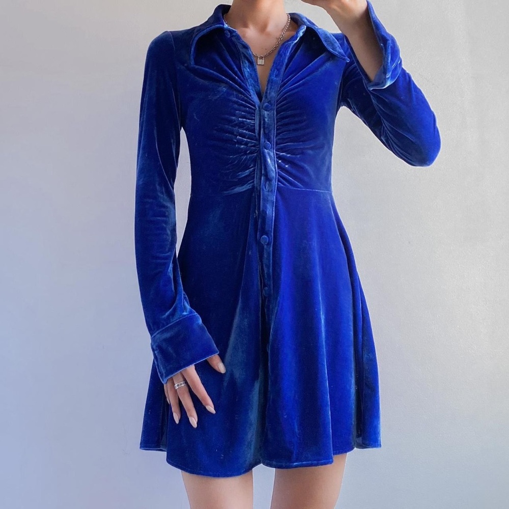 Blue Velvet Buttoned Shirt Dress